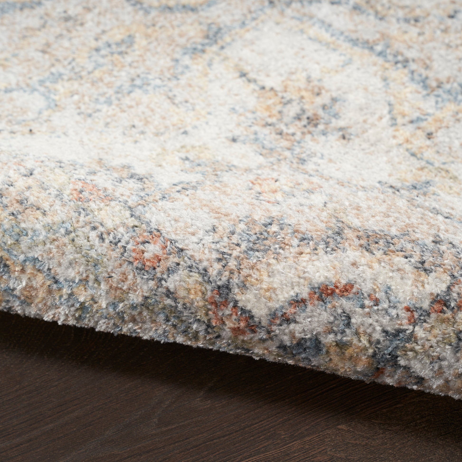 Soft textured area rug in cream, pale blue, gray and peach; abstract floral pattern, thick pile on dark wood floor.