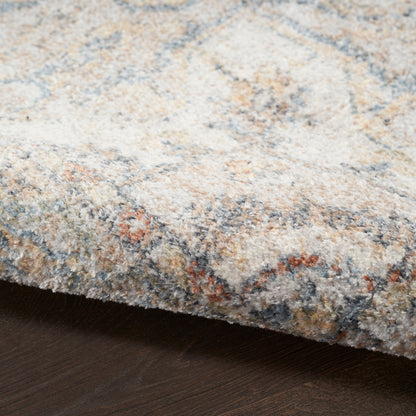 Soft textured area rug in cream, pale blue, gray and peach; abstract floral pattern, thick pile on dark wood floor.