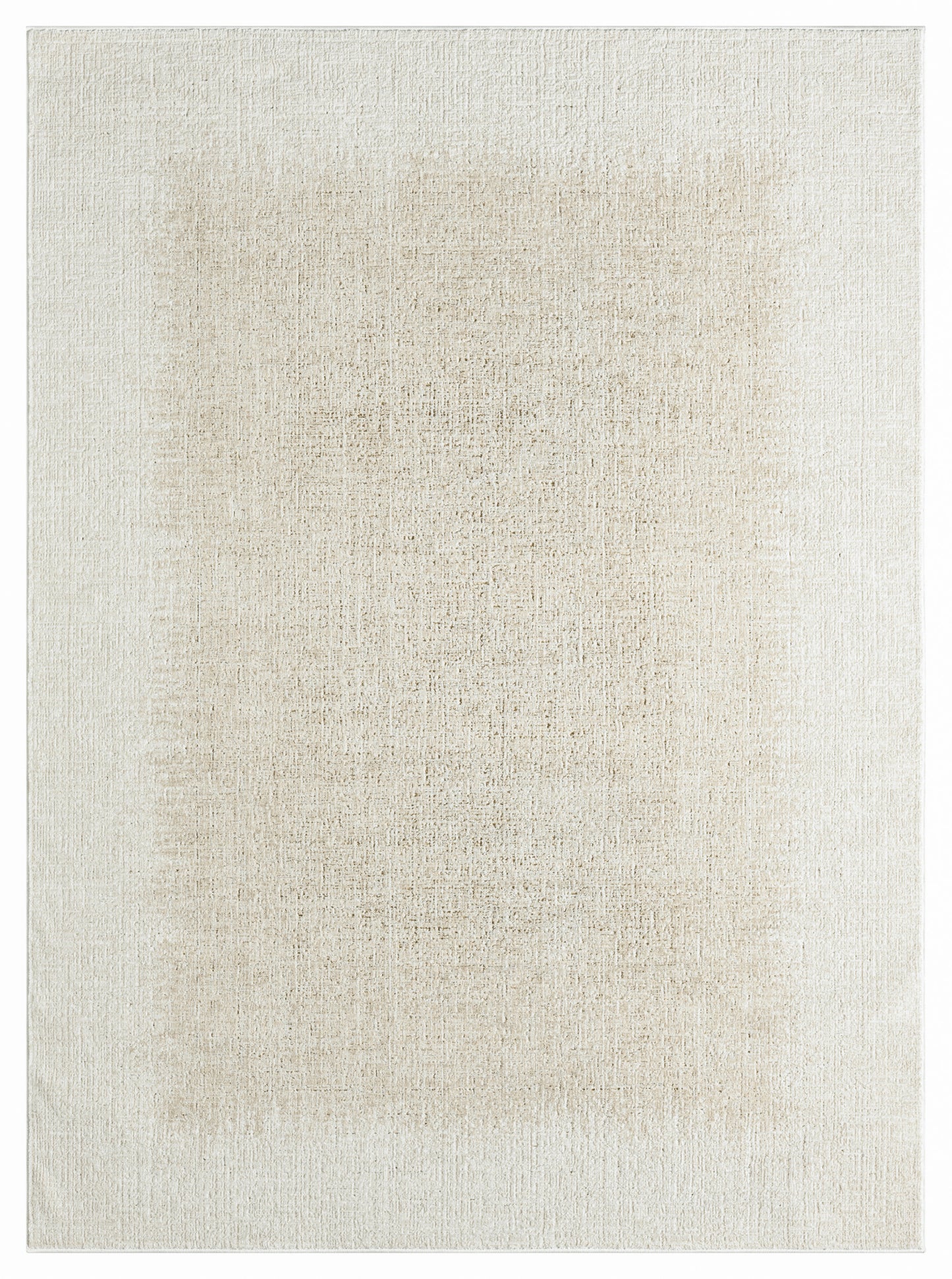 Neutral beige rectangular rug with soft, textured weave & cream tones.