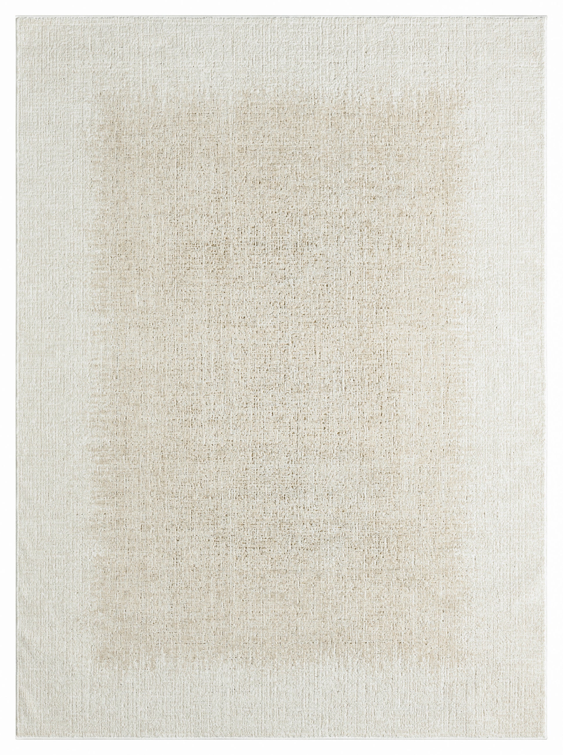 Neutral beige rectangular rug with soft, textured weave & cream tones.