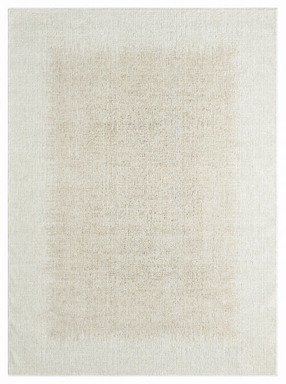 Neutral beige rectangular rug with soft, textured weave & cream tones.