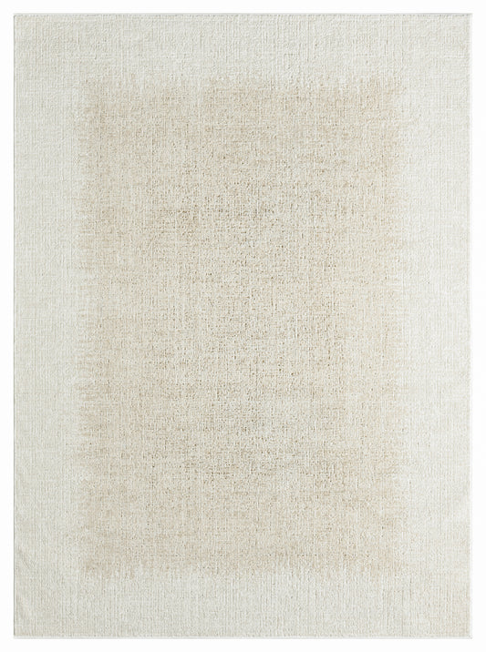 Neutral beige rectangular rug with soft, textured weave & cream tones.