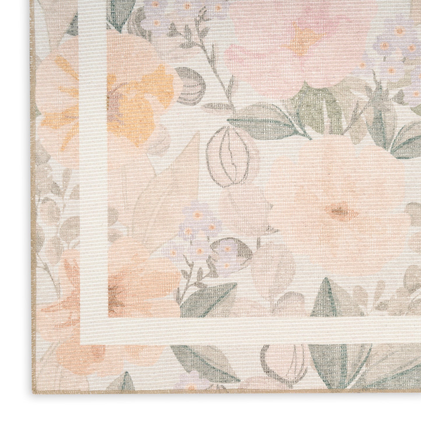 Pastel floral fabric with a white inset border frame, peach and pink blossoms with green leaves on linen texture.