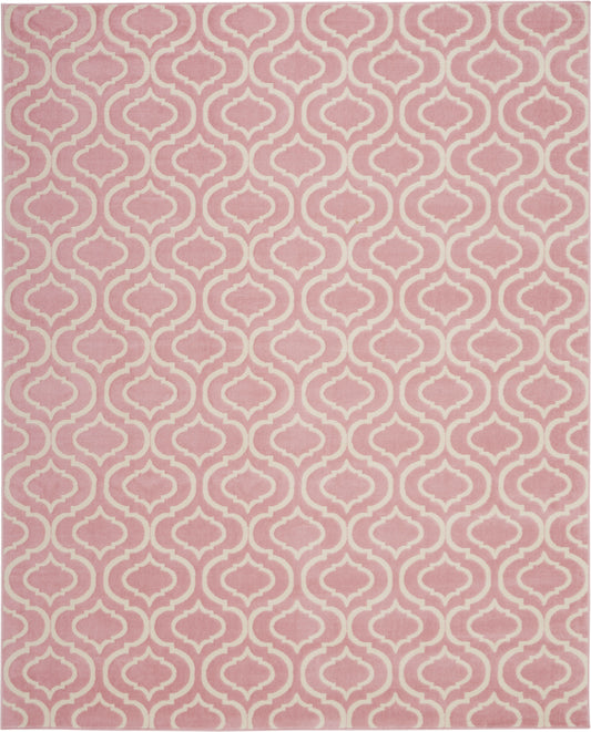 Pink rug with a white Moroccan trellis pattern; modern geometric floor decor.
