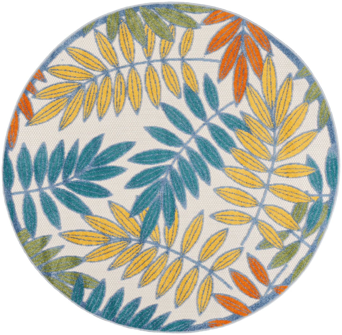 Round woven rug with colorful leaf motif in yellow, teal, orange and green on white background.