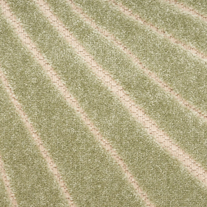 Soft sage green striped outdoor 8' runner rug with cream diagonal bands.