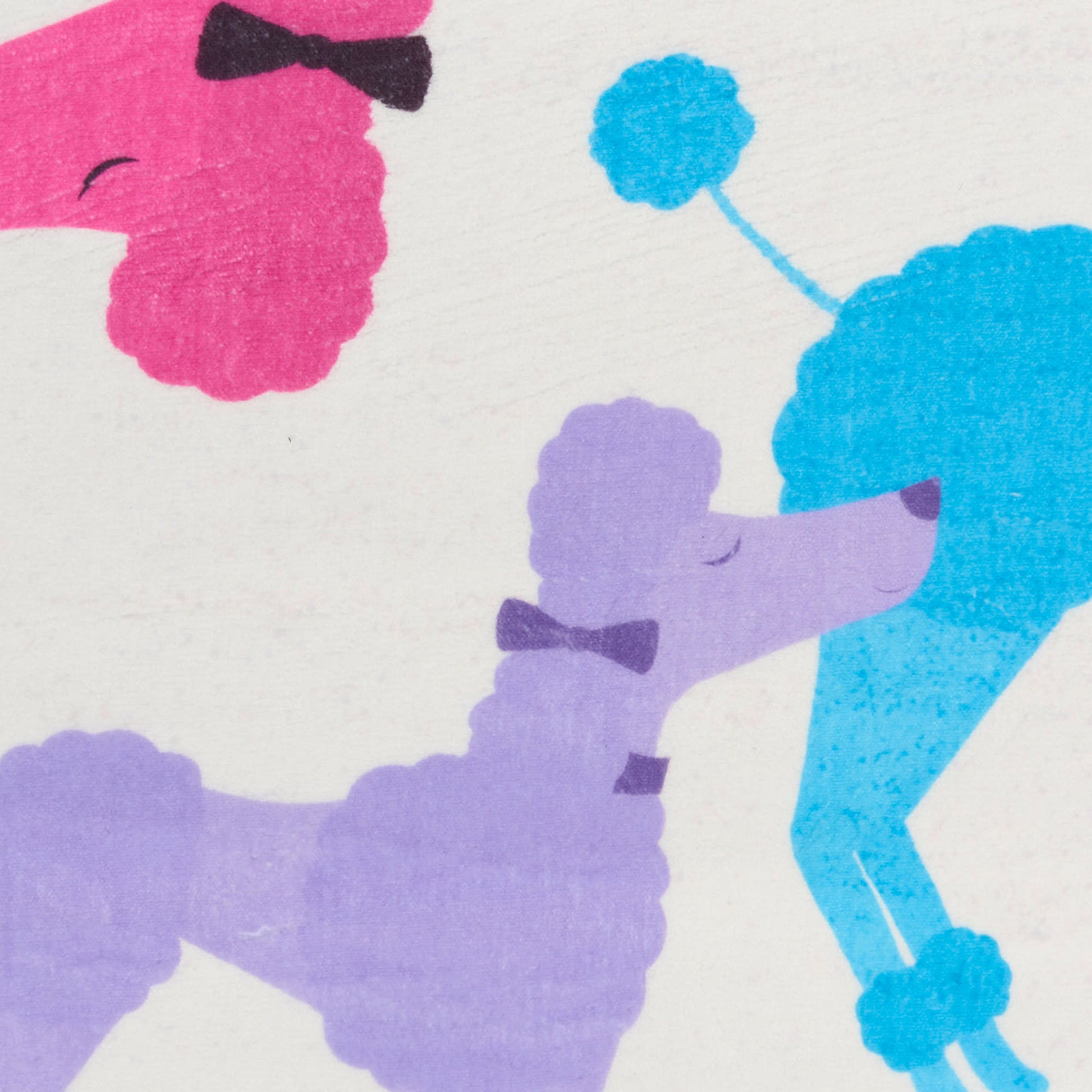 Pattern of fluffy pink, lavender and blue poodles with bow ties against a light backdrop.