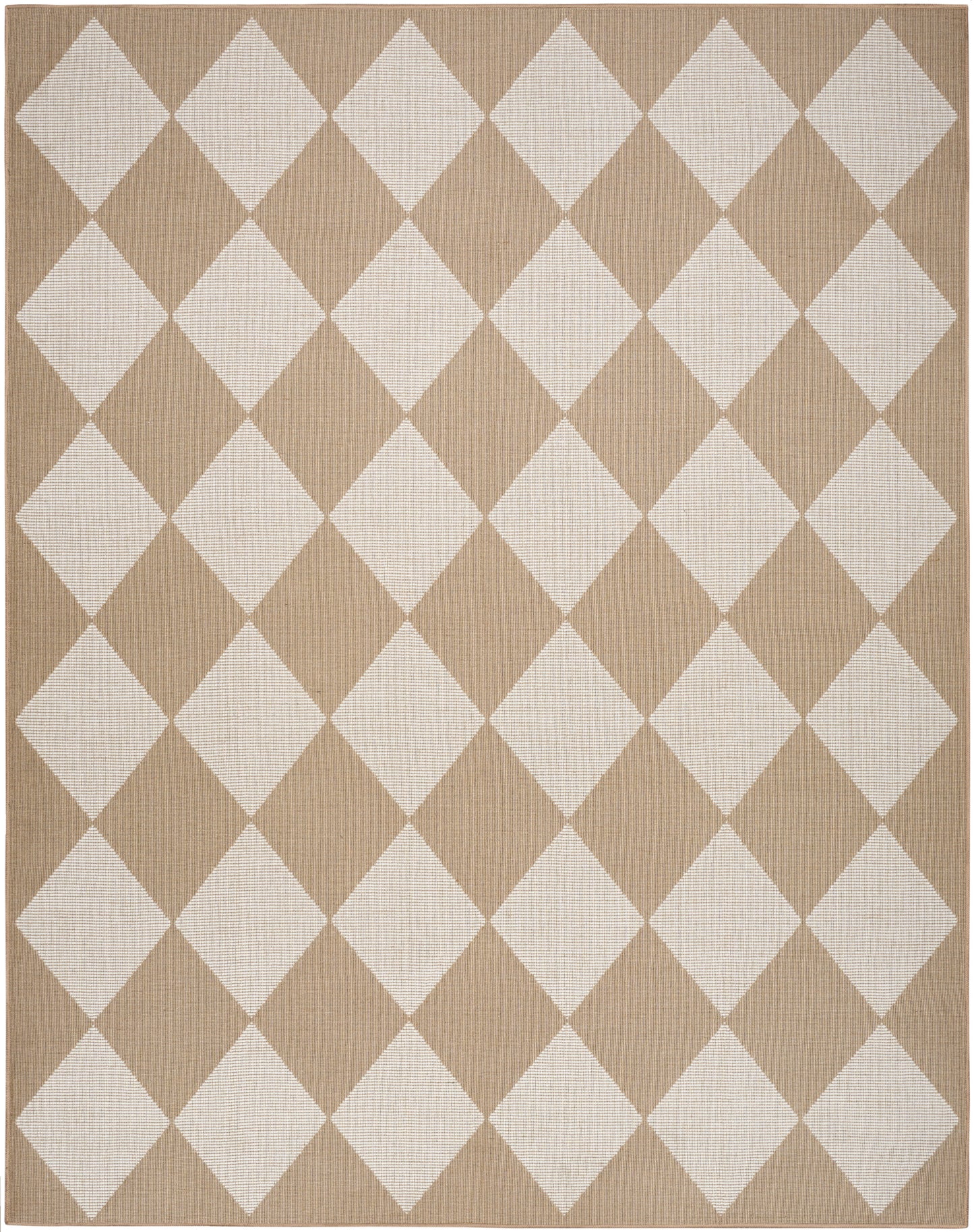Beige jute rug featuring a white diamond harlequin pattern; rectangular, woven texture, casual contemporary area rug.