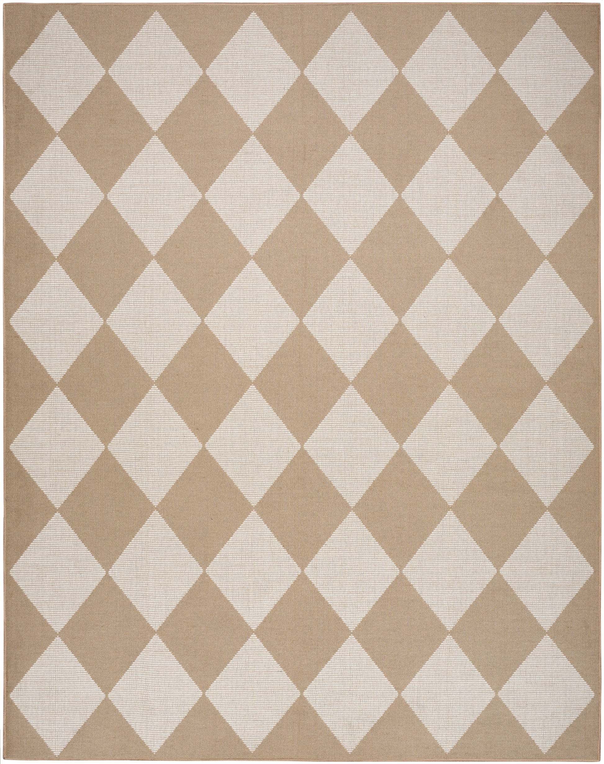 Beige jute rug featuring a white diamond harlequin pattern; rectangular, woven texture, casual contemporary area rug.