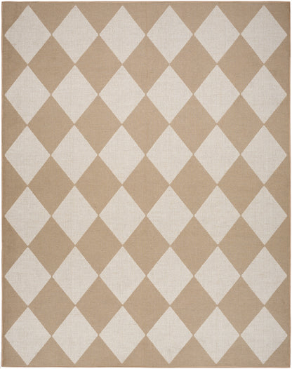 Beige jute rug featuring a white diamond harlequin pattern; rectangular, woven texture, casual contemporary area rug.