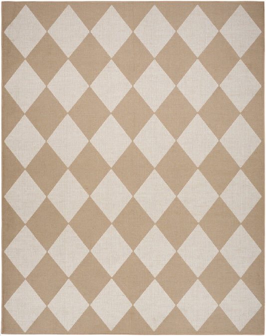 Beige jute rug featuring a white diamond harlequin pattern; rectangular, woven texture, casual contemporary area rug.