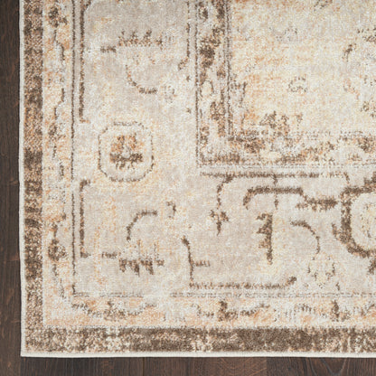 Distressed beige oriental rug with brown border, ivory tones & decorative scroll patterns on dark wood floor.