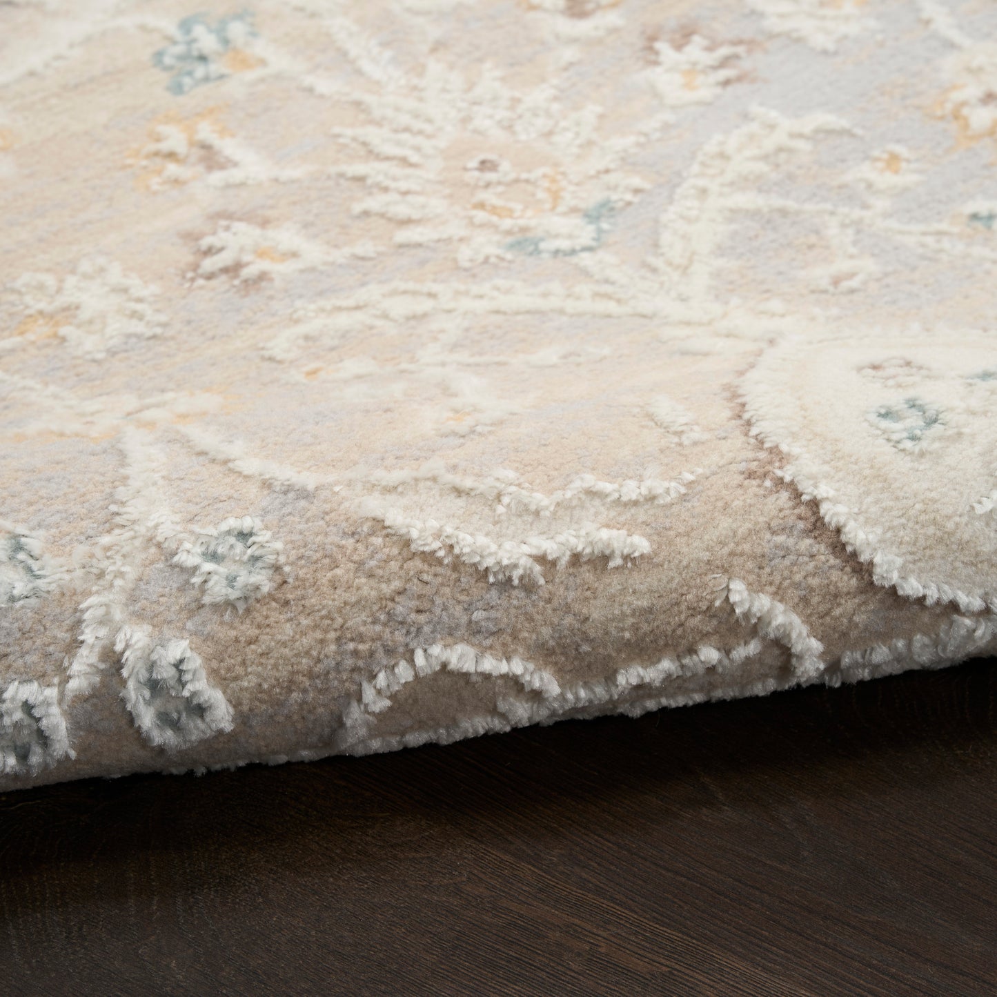 Plush beige-cream Persian-style area rug with light blue accents and fringed edge on dark wood floor.