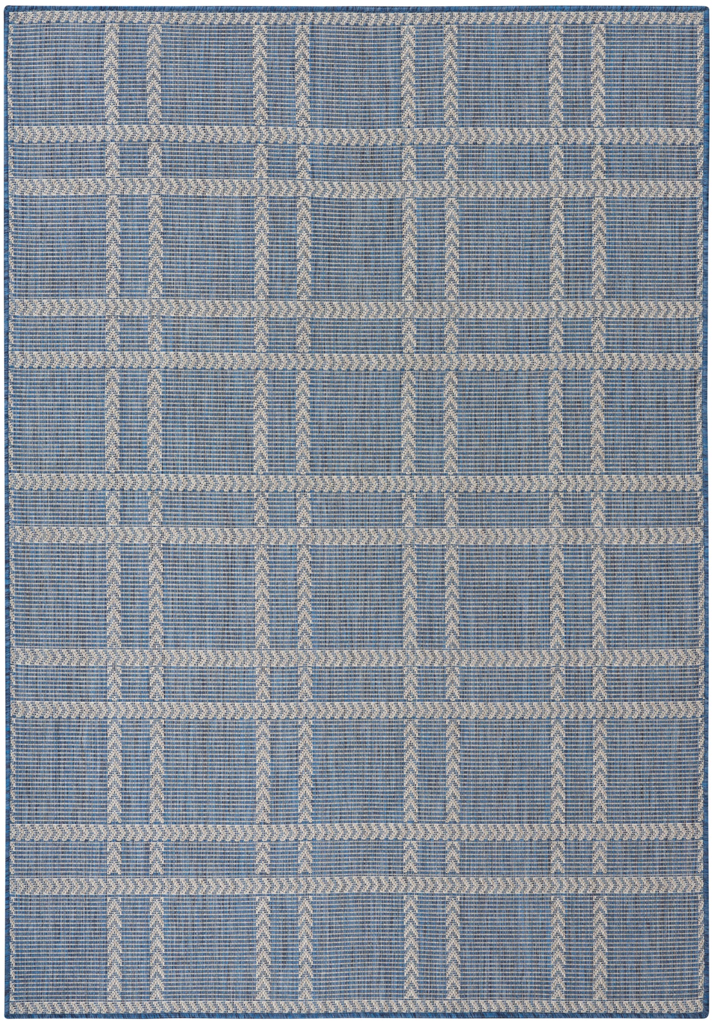Rectangular blue flat-weave rug with cream braided lattice grid pattern.