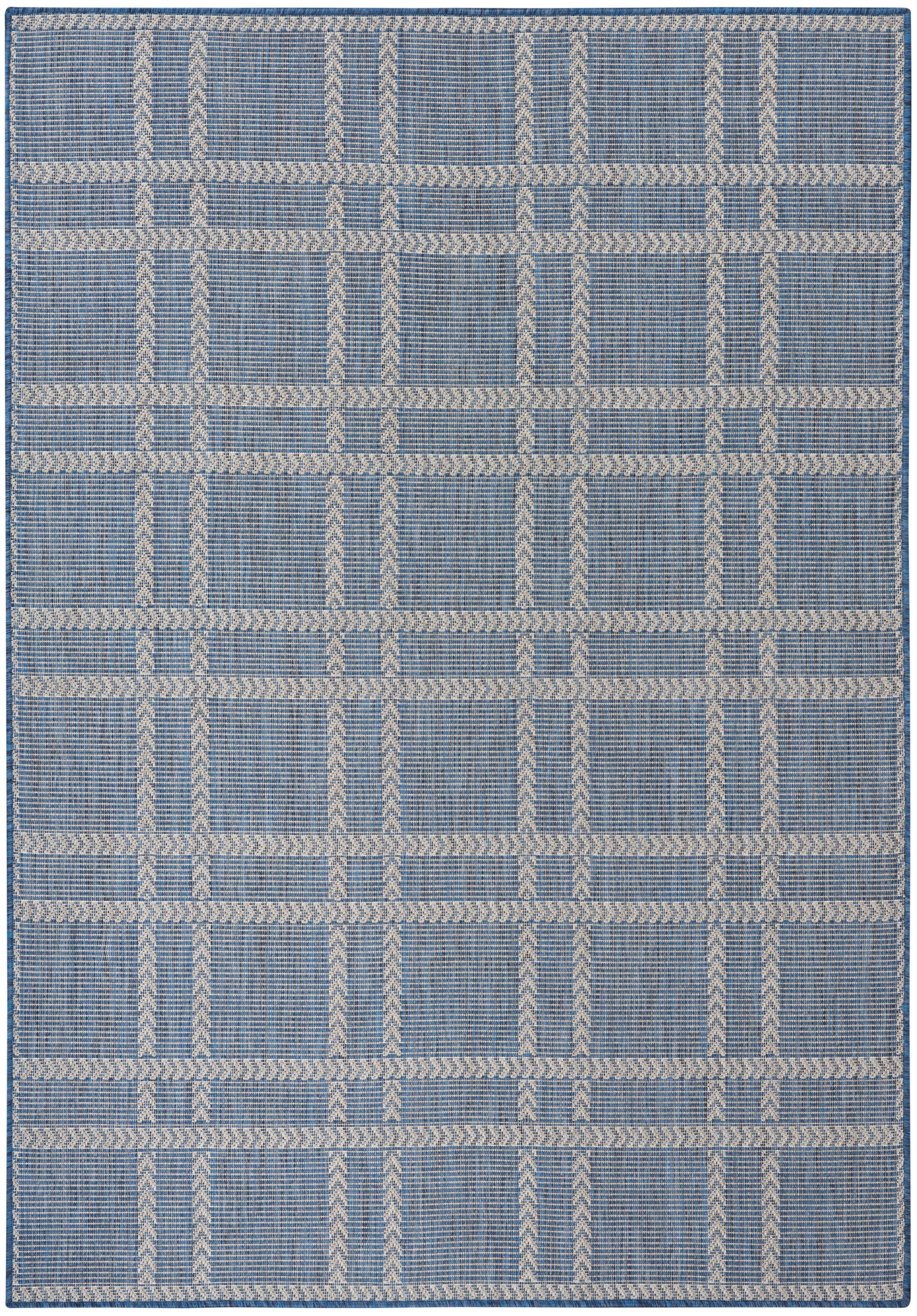 Rectangular blue flat-weave rug with cream braided lattice grid pattern.