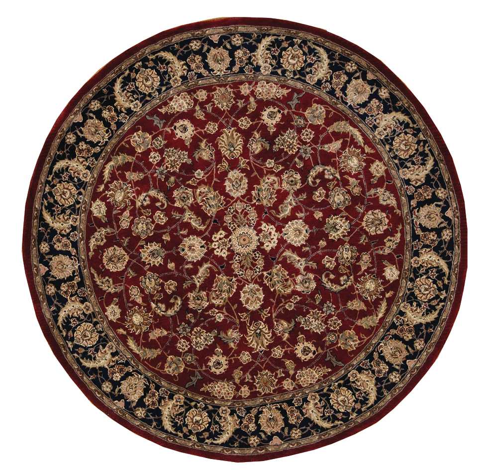 Round Persian-style rug with deep red center and black-gold floral border; ornate gold-on-red pattern.