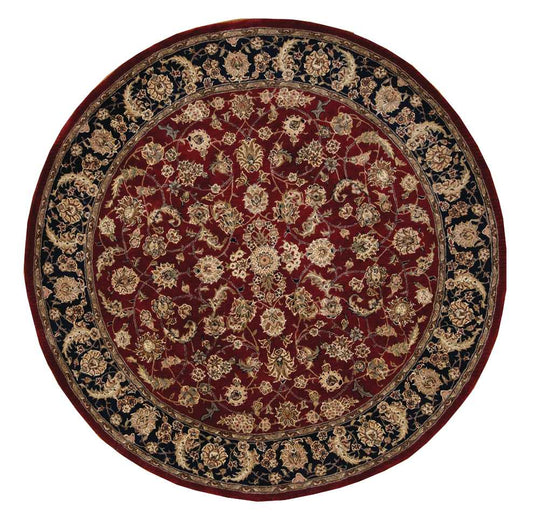 Round Persian-style rug with deep red center and black-gold floral border; ornate gold-on-red pattern.