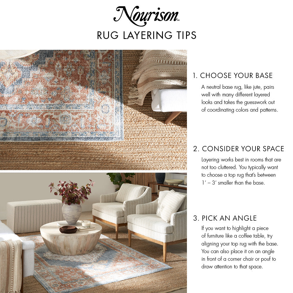 Nourison rug layering tips: neutral jute base rug paired with blue-orange oriental rug in a stylish living room.