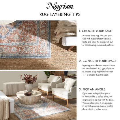 Nourison rug layering tips: neutral jute base rug paired with blue-orange oriental rug in a stylish living room.