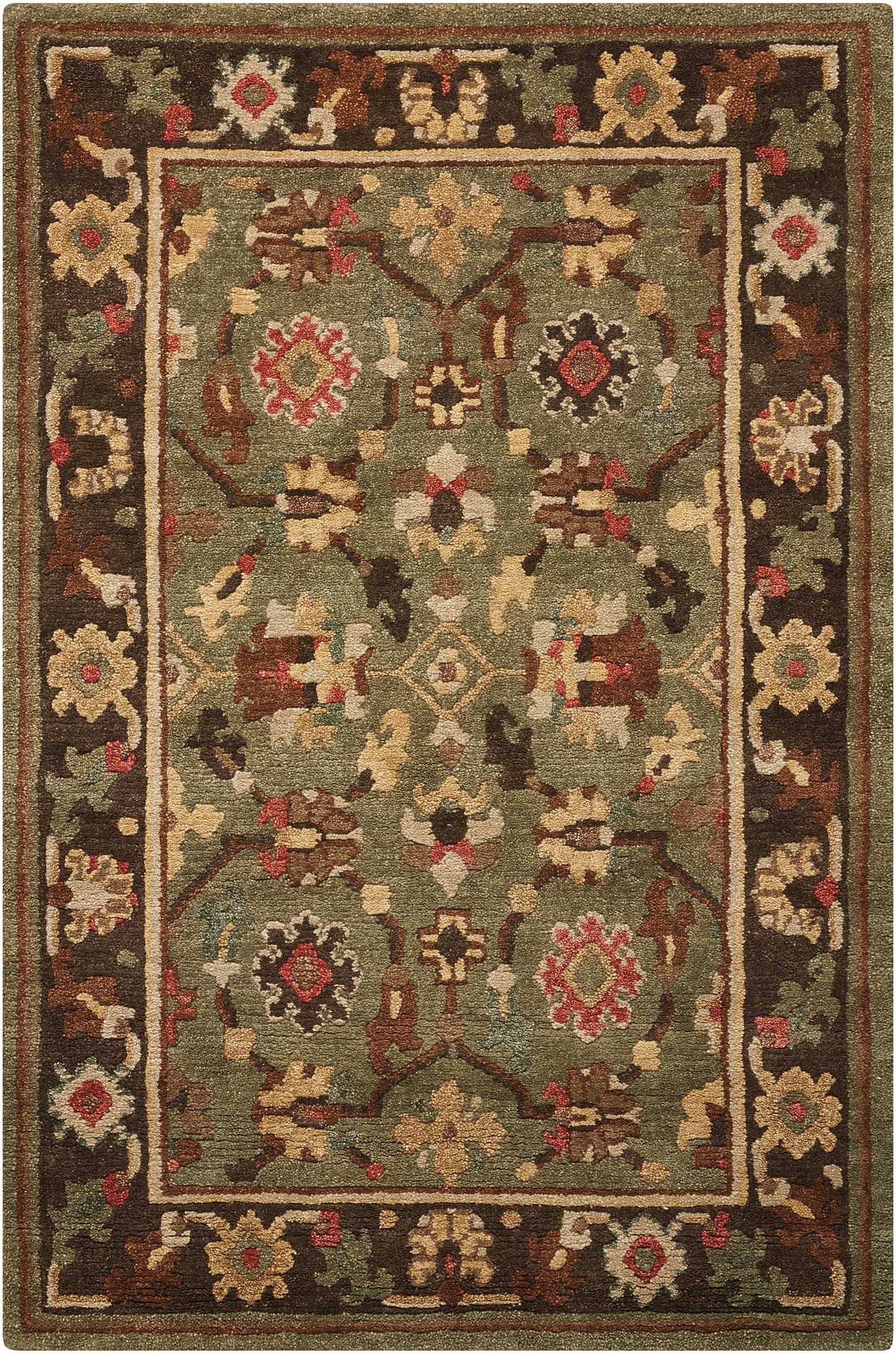 Olive green oriental rug with ornate floral motifs & a brown bordered frame in cream, red & beige.