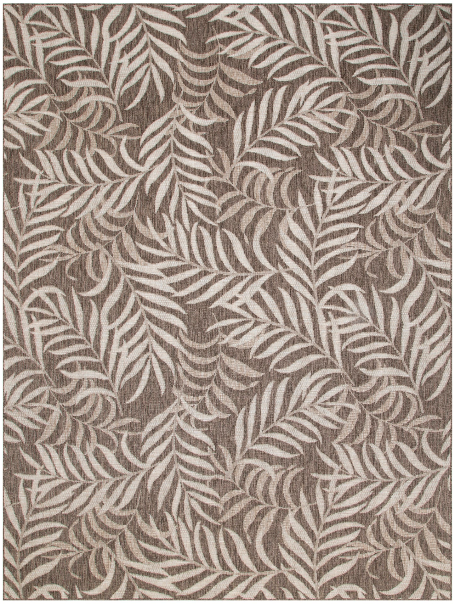 Neutral taupe area rug with ivory palm leaf pattern; woven texture for living rooms.