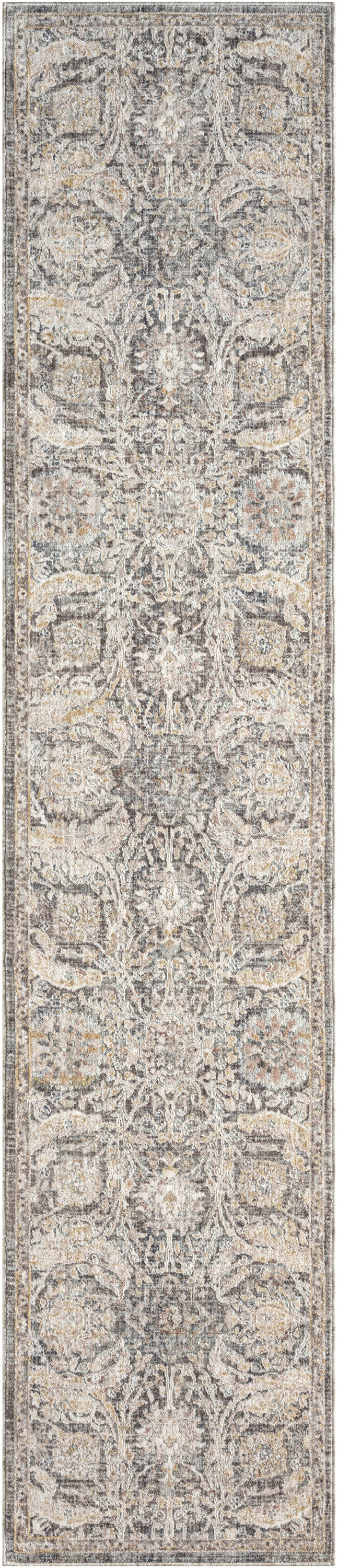 Beige and taupe runner rug with repeating floral medallions and ornate scrolling motifs.