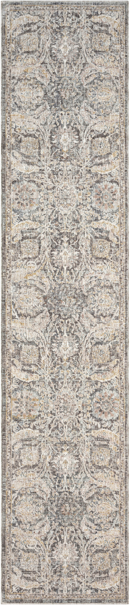 Beige and taupe runner rug with repeating floral medallions and ornate scrolling motifs.