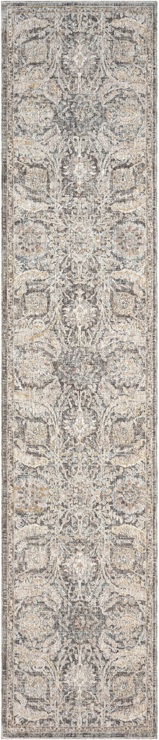 Beige and taupe runner rug with repeating floral medallions and ornate scrolling motifs.