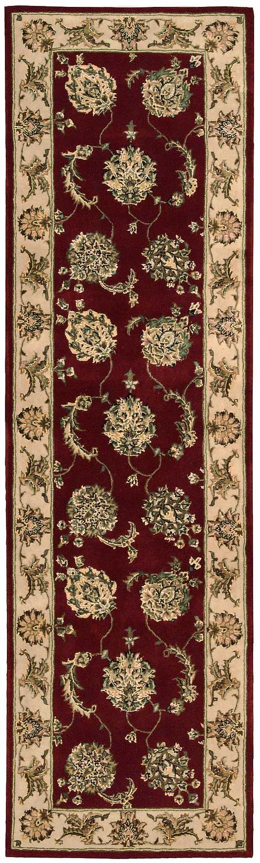 Oriental runner rug: burgundy central field with cream floral medallions and beige floral border; traditional hallway decor.