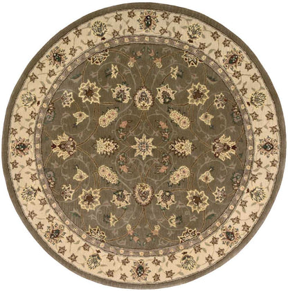 Round rug with olive-green center and cream border, featuring intricate beige, brown and ivory floral pattern.