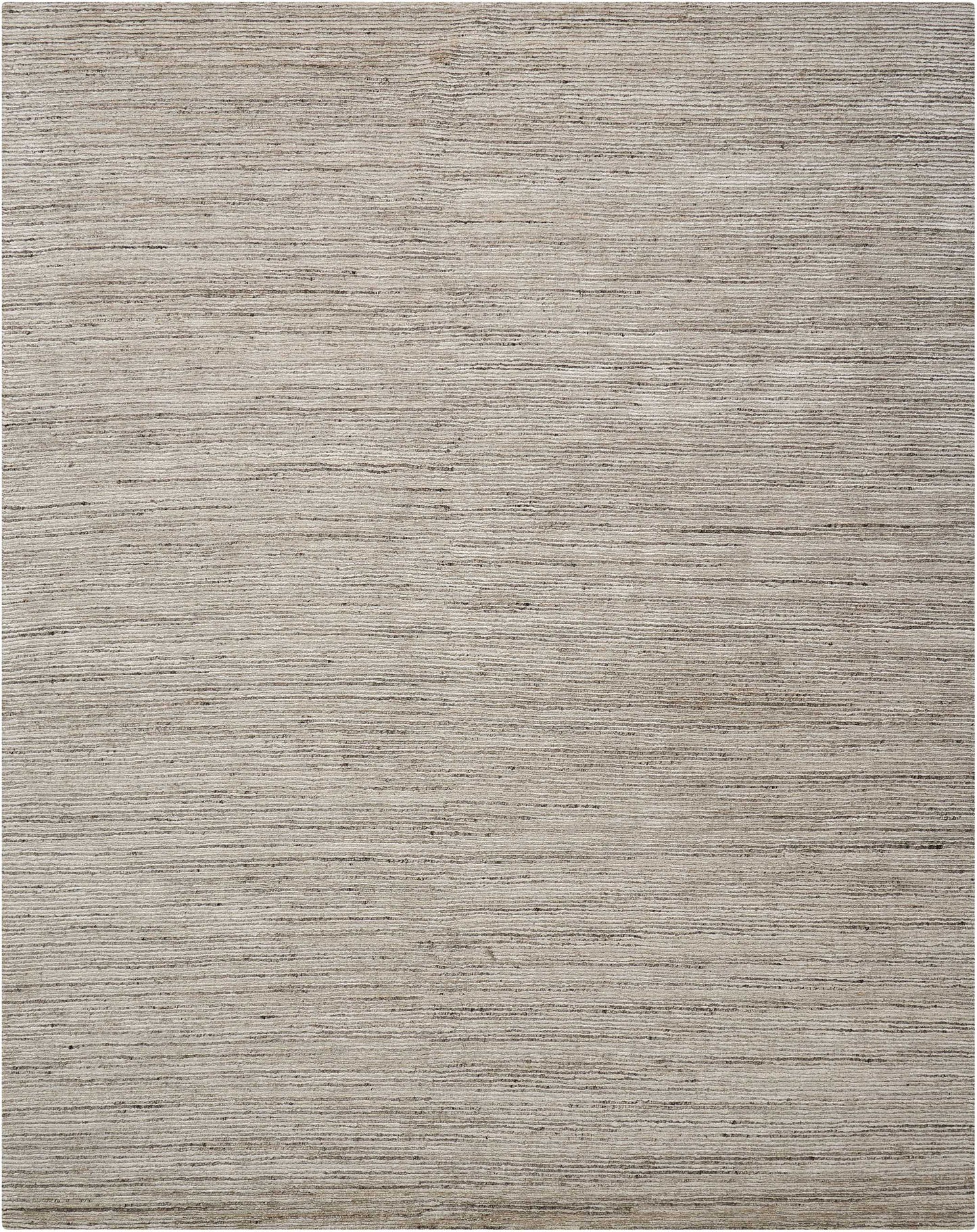 Beige-taupe textured flat-weave rug with subtle horizontal stripes; rectangular living room accent.