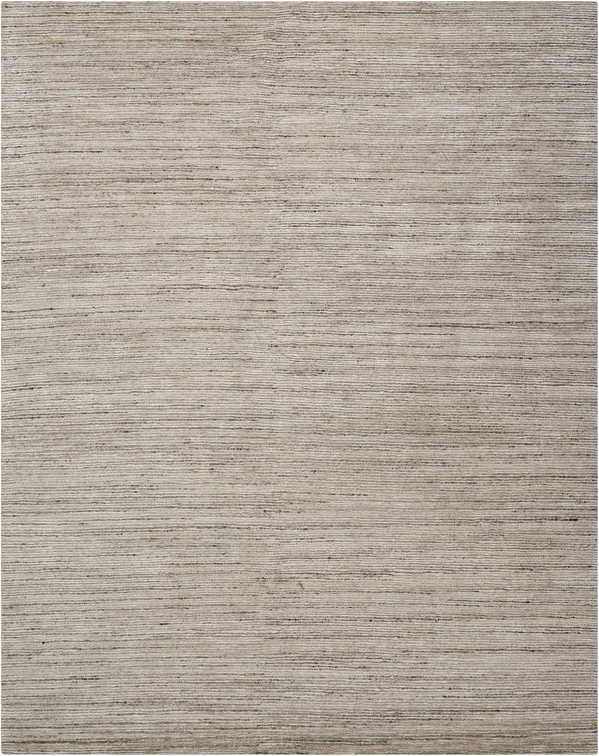 Beige-taupe textured flat-weave rug with subtle horizontal stripes; rectangular living room accent.
