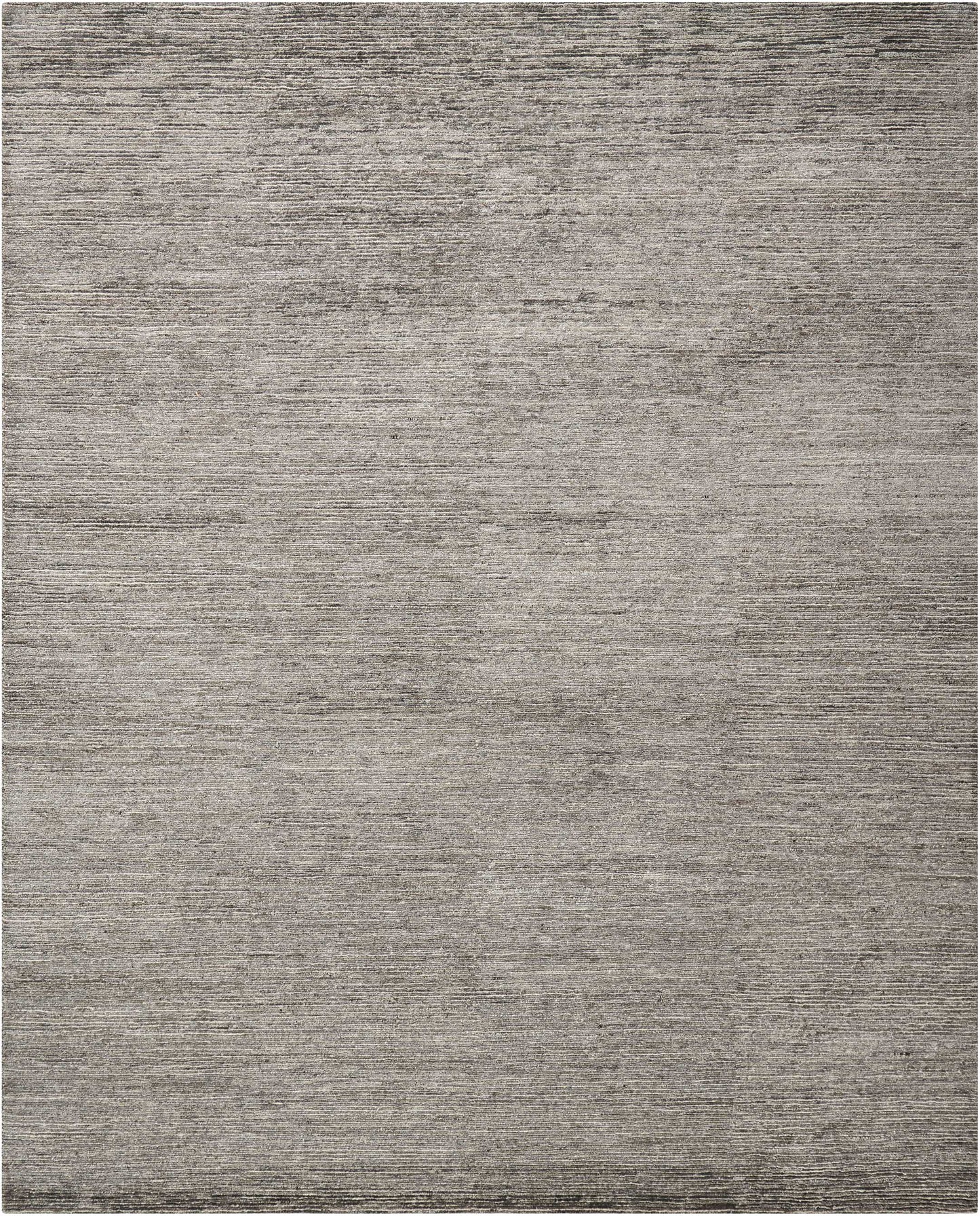 Gray textured rectangular rug with subtle horizontal striations; modern, versatile for living room or bedroom.