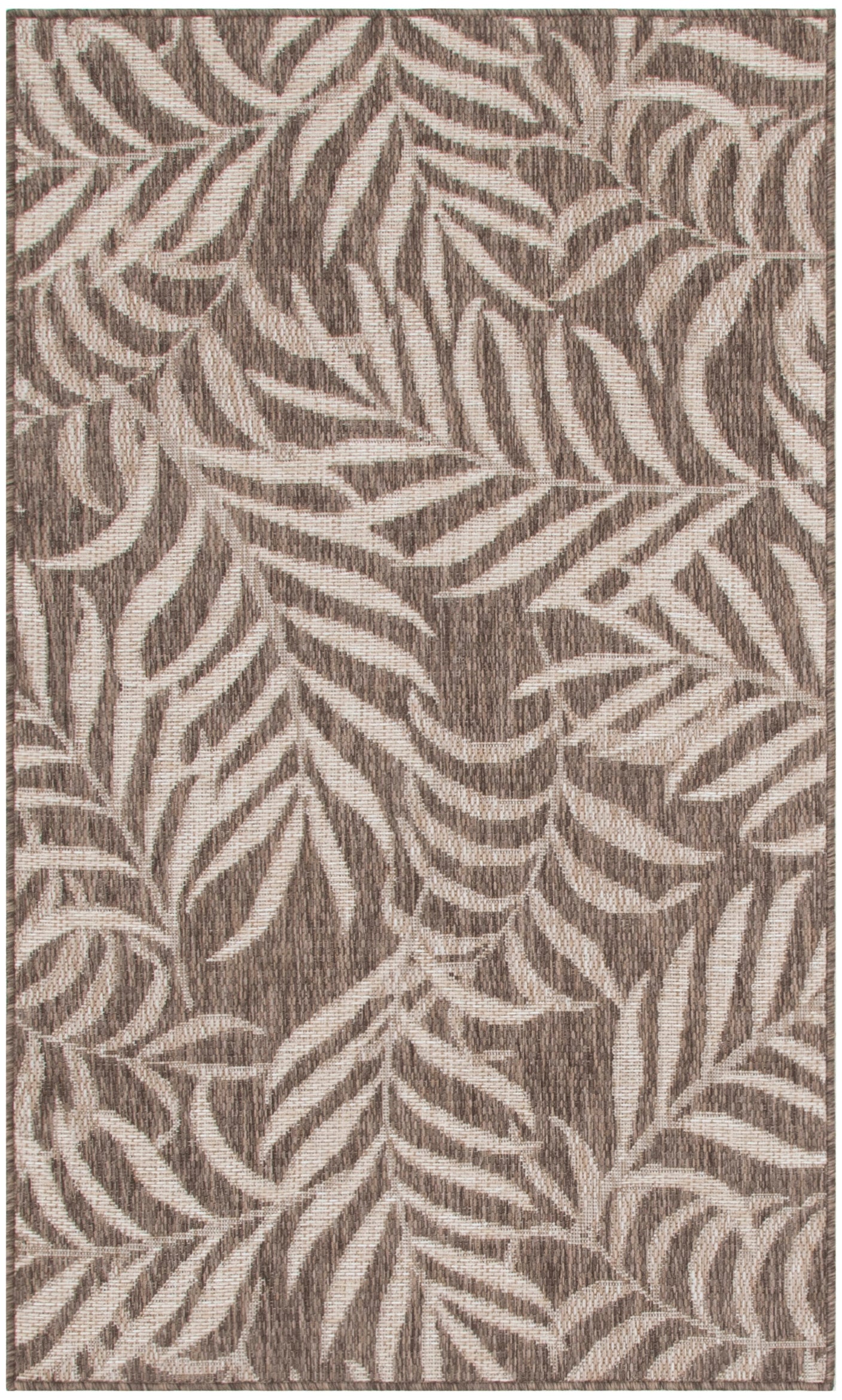 Rectangular area rug with beige and taupe palm-leaf pattern, textured woven look, versatile for living room decor.