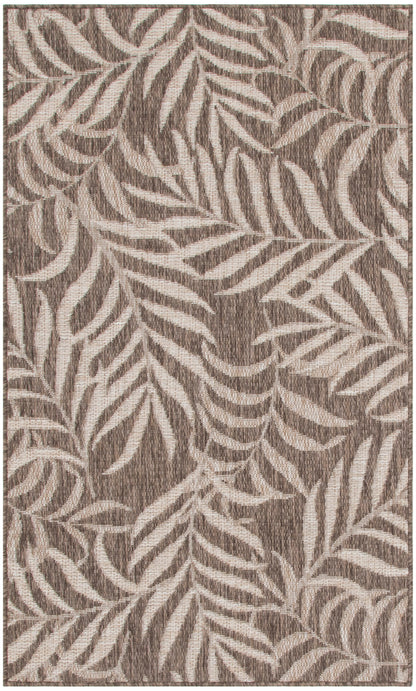 Rectangular area rug with beige and taupe palm-leaf pattern, textured woven look, versatile for living room decor.