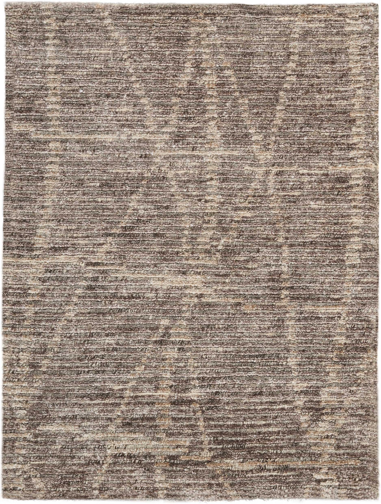 Rectangular brown and beige distressed-pattern rug with vintage-inspired motifs; versatile for living spaces.