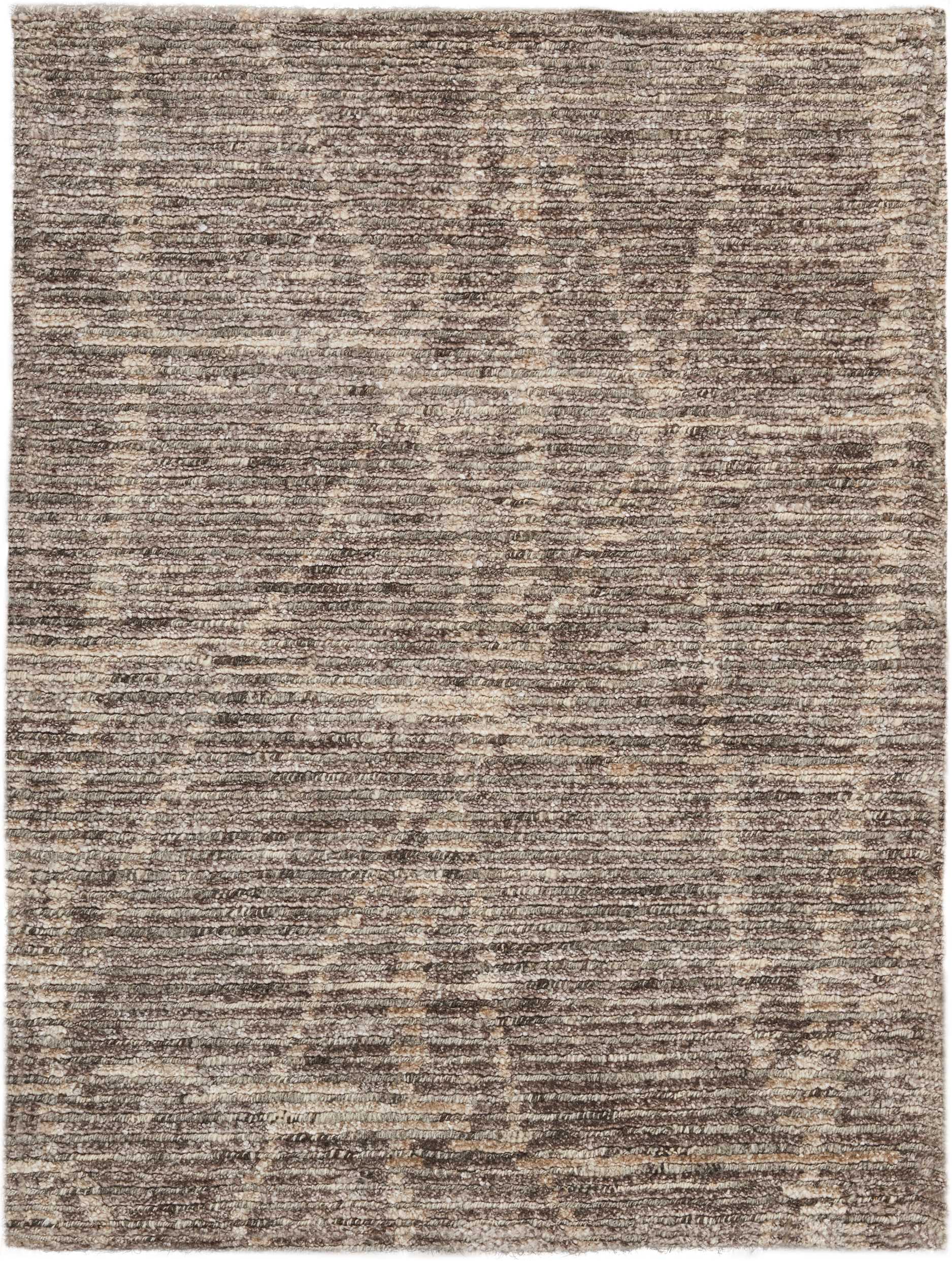 Rectangular brown and beige distressed-pattern rug with vintage-inspired motifs; versatile for living spaces.