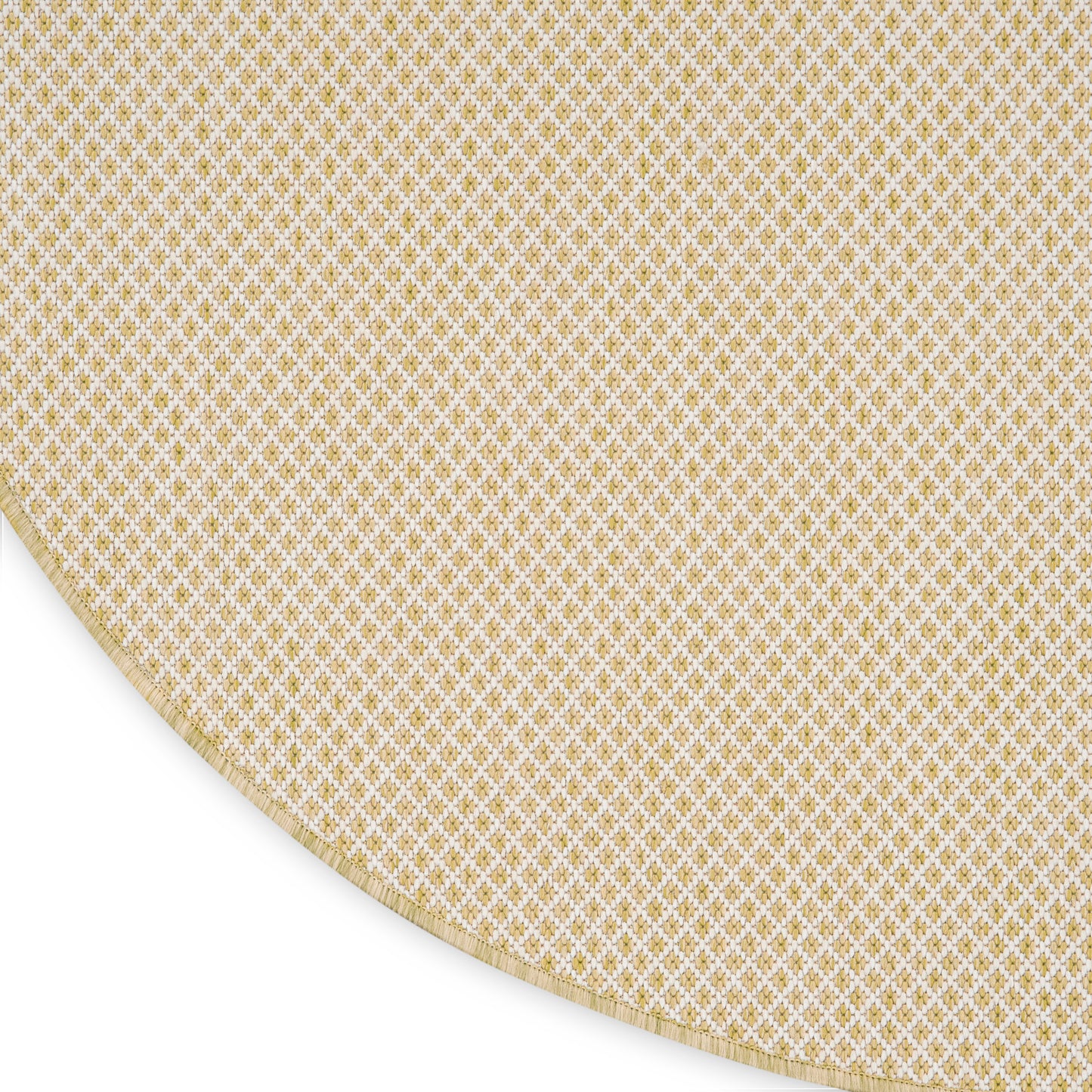 Beige round rug with a subtle gradient and a woven lattice pattern.