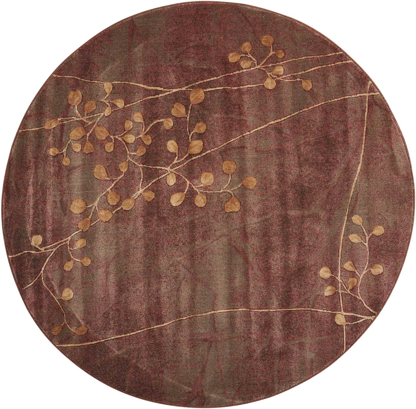 Round burgundy rug with gold botanical branches and leaves across the circle.