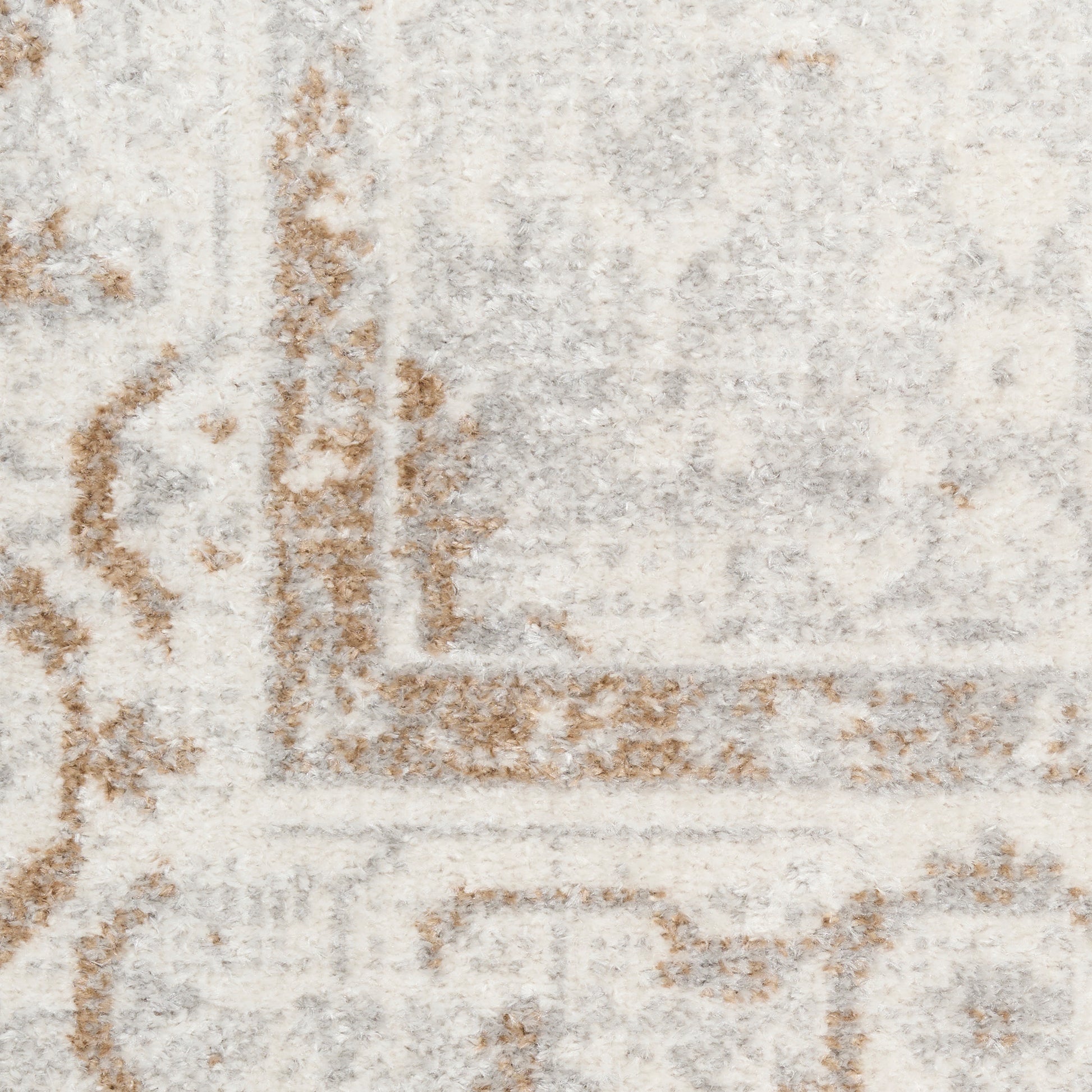 Soft beige and taupe patterned rug with a subtle geometric border and plush pile.