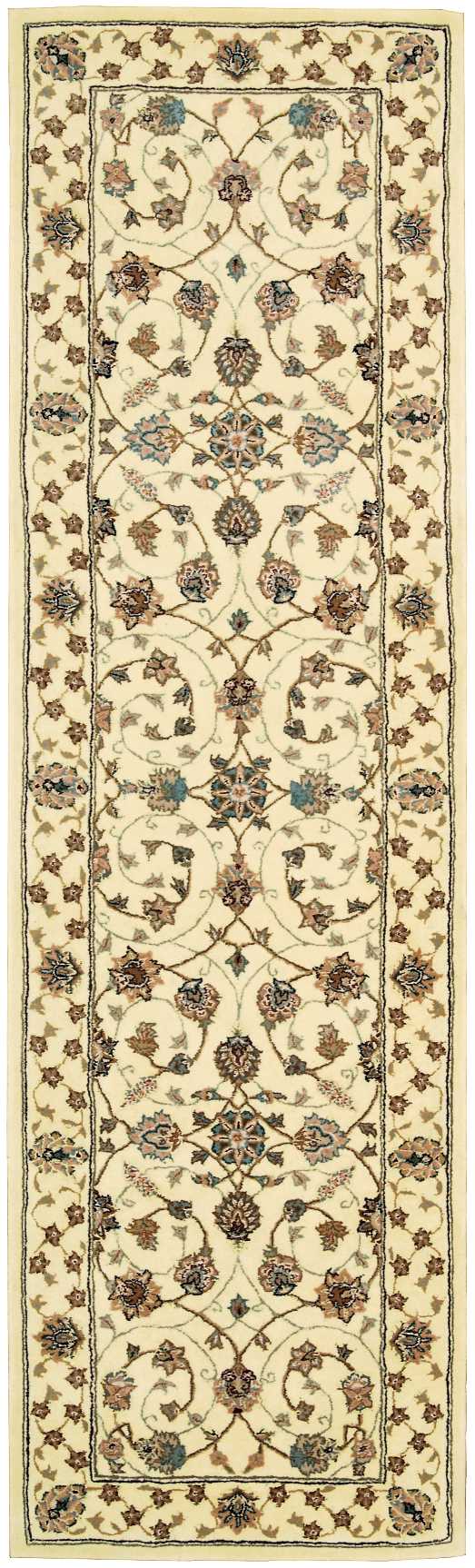 Persian-style runner rug with cream field, brown vines & blue, teal, rust flowers; ornate border.
