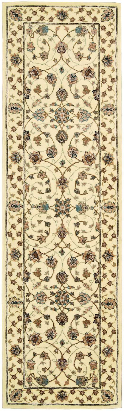 Persian-style runner rug with cream field, brown vines & blue, teal, rust flowers; ornate border.