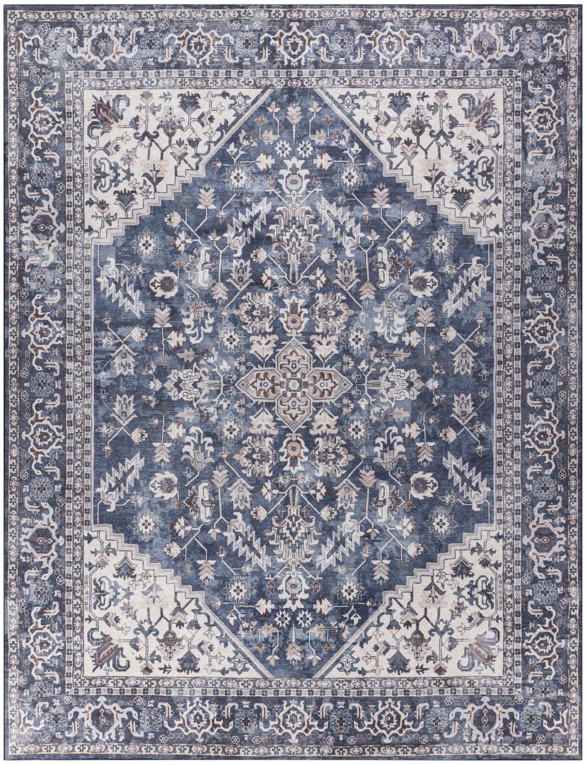 Blue oriental area rug with central medallion, ivory/cream floral motifs and layered borders; distressed vintage look.