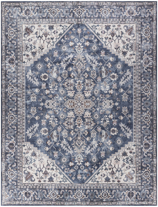 Blue oriental area rug with central medallion, ivory/cream floral motifs and layered borders; distressed vintage look.