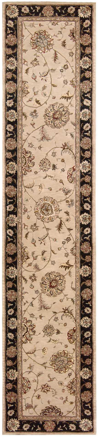 Beige Persian-style hallway runner rug with ivory field, scrolling floral vines and large roses, dark brown border.