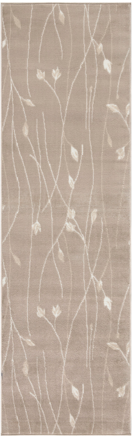 Beige taupe rug with white vine and leaf pattern, slender twig-like lines across soft textured surface.