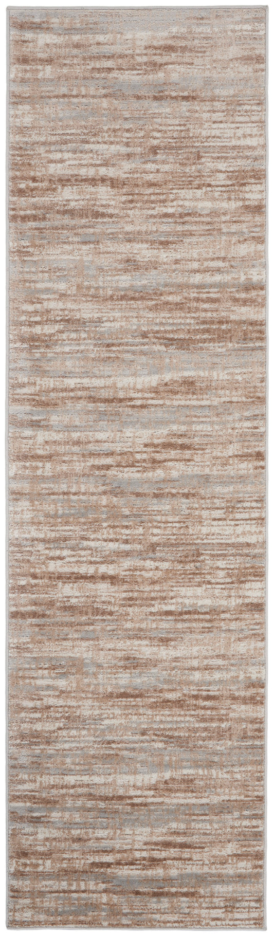 Beige tan abstract textured runner rug; woven with subtle brown striations, long hallway mat.