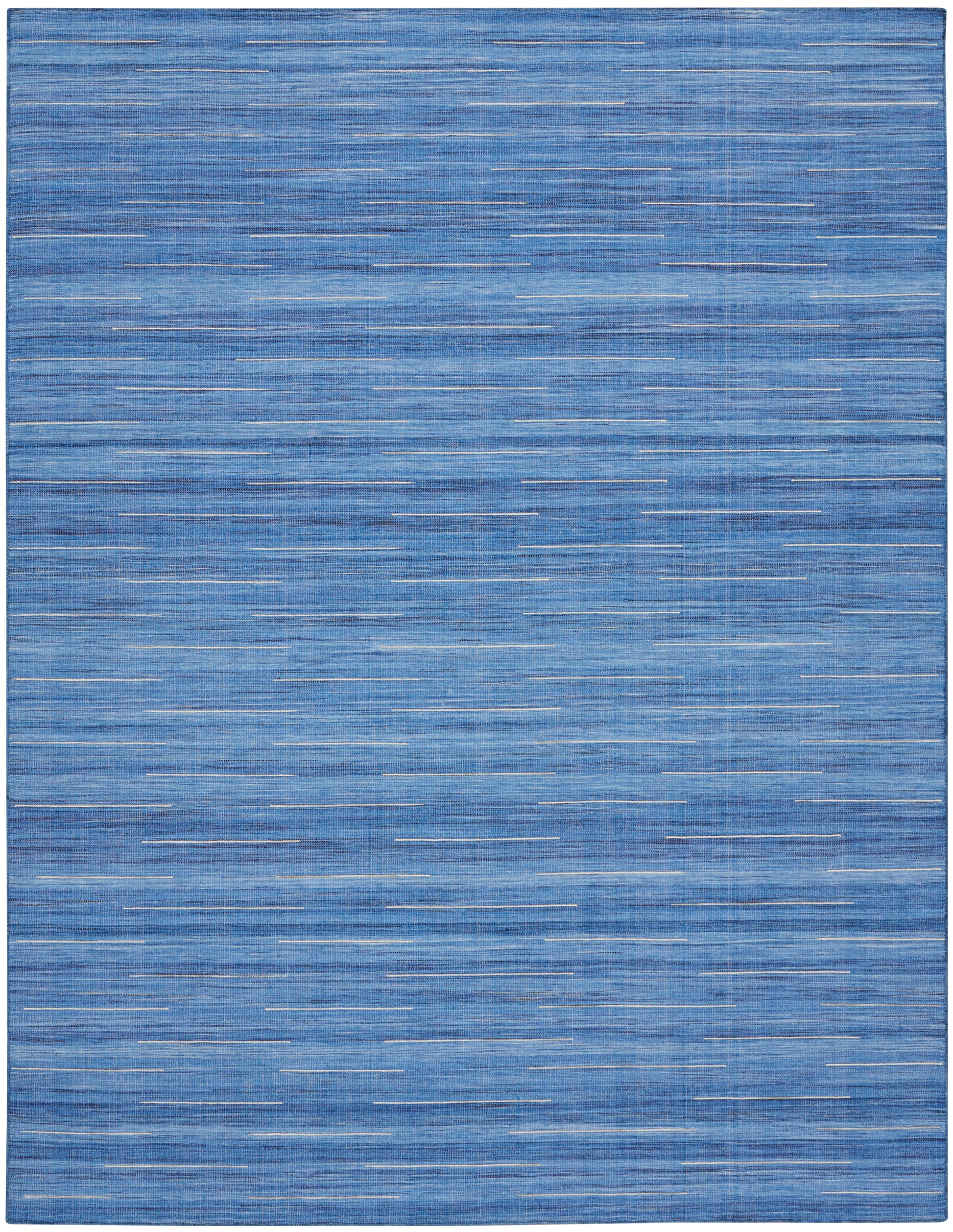 Blue rectangular rug with a denim-like weave and slim white horizontal streaks for a modern look.