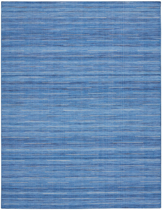 Blue rectangular rug with a denim-like weave and slim white horizontal streaks for a modern look.