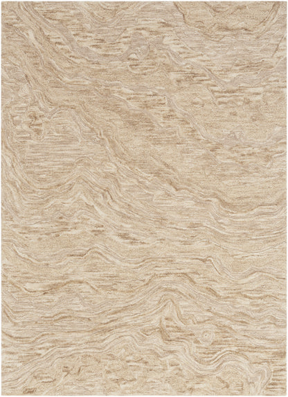 Beige plush area rug with soft, wavy wood-grain pattern; cozy neutral floor covering for living rooms.